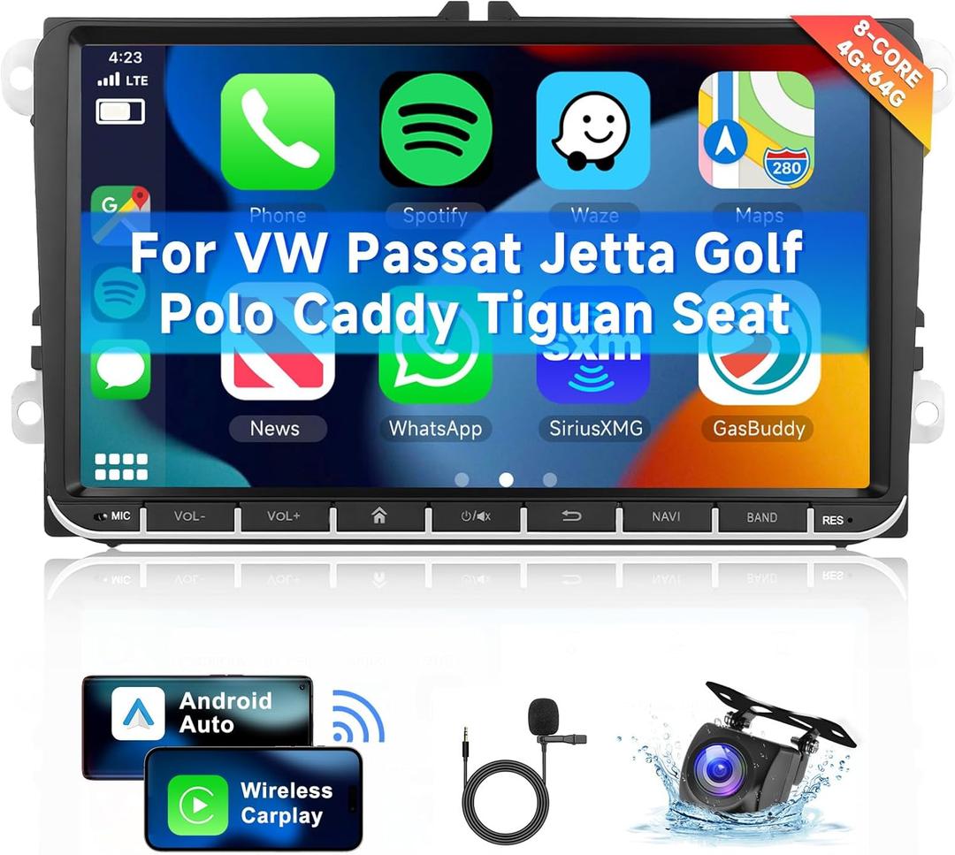 [8 CORE 4G+64G] Android 13 Car Radio for VW Passat Jetta Golf Polo Caddy Tiguan Seat with Wireless Carplay/Android Auto, 9 Inch IPS Touch Screen Car Stereo, Bluetooth, GPS, WiFi, SWC + Backup Camera
