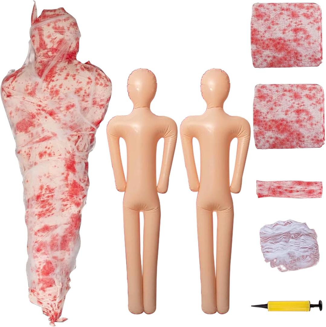 2 Sets Halloween Hanging Cocoon Corpse, 64'' Bloody Inflatable Cocoon Outdoor Decoration Set with Bandage, Scary Dead Body Prop Decor for Outdoor Halloween Party House Yard (Red)