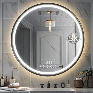 Wall-Mounted Round Bathroom Mirror with LED-Lights - 32 Inch Frame Vanity Mirrors(32" x 32", Black) (32"L x 32"W)