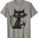 Funny Angry Cat with Coffee Mug Graphic T-Shirt, S