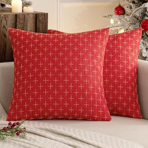 MIULEE Pack of 2 Christmas Decorative Burlap Linen Throw Pillow Covers Modern Farmhouse Pillowcase Rustic Woven Textured Cushion Cover for Sofa Couch Bed 18x18 Inch Christmas Red
