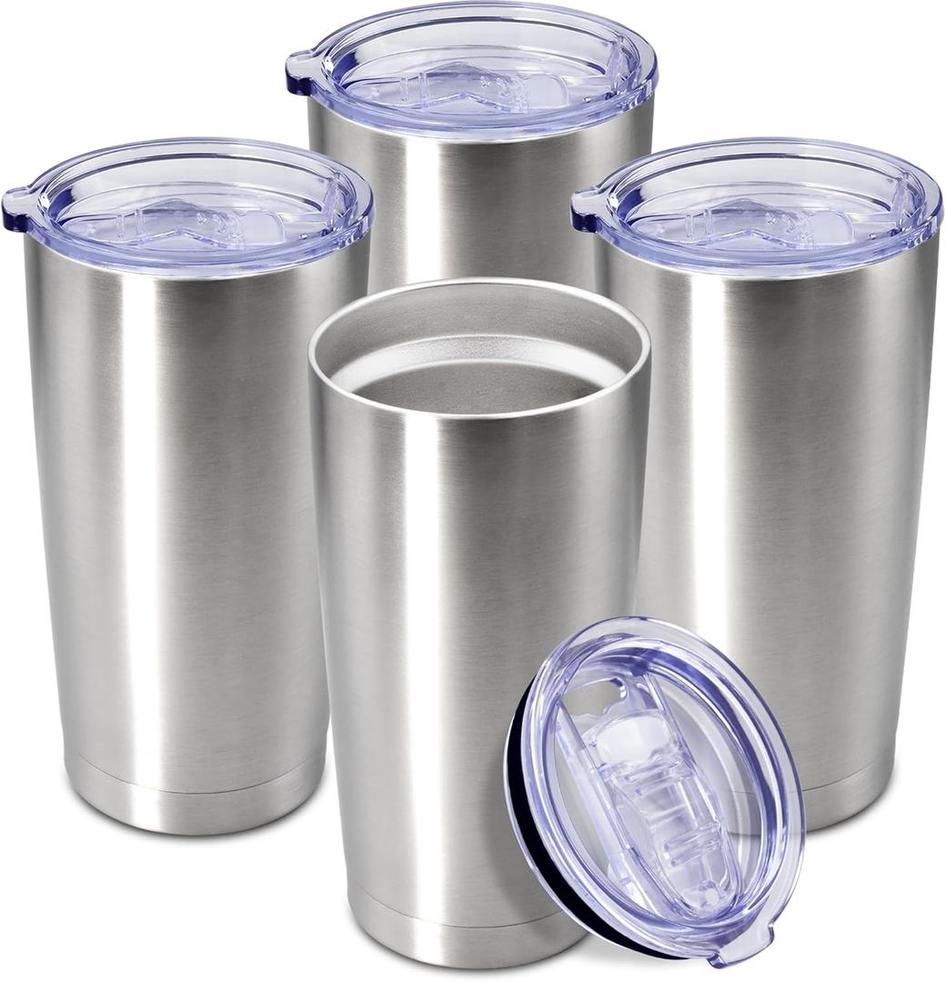 20 oz Tumbler Coffee Travel Tumblers Bulk with Lid Stainless Steel Double Wall Vacuum Insulated Mug Powder Coated Cups fit Car Cupholder for Hot and Cold - Stainless Steel, 4Pack