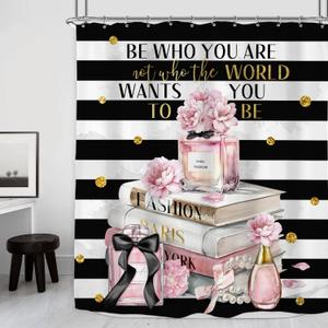 Riyidecor Pink Shower Curtain for Bathroom60Wx72H Inch Black and PinkFashion Designer Cute Shower CurtainsModern Women Girly Stripe Flower Bathroom Decor Fabric Polyester Waterproof Pack of 12 Hooks