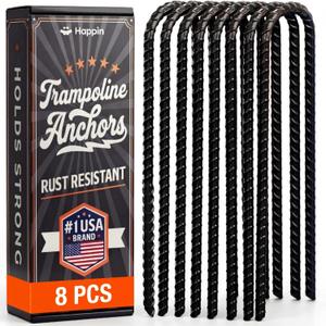Happin 12 Inch Trampoline Anchors, Trampoline Stakes, Ground Stakes Heavy Duty, Ground Anchors Screw in, Trampolines Accessories, Tent Anchors, Yard Spikes, Galvanized Steel (8 Pack, Black)