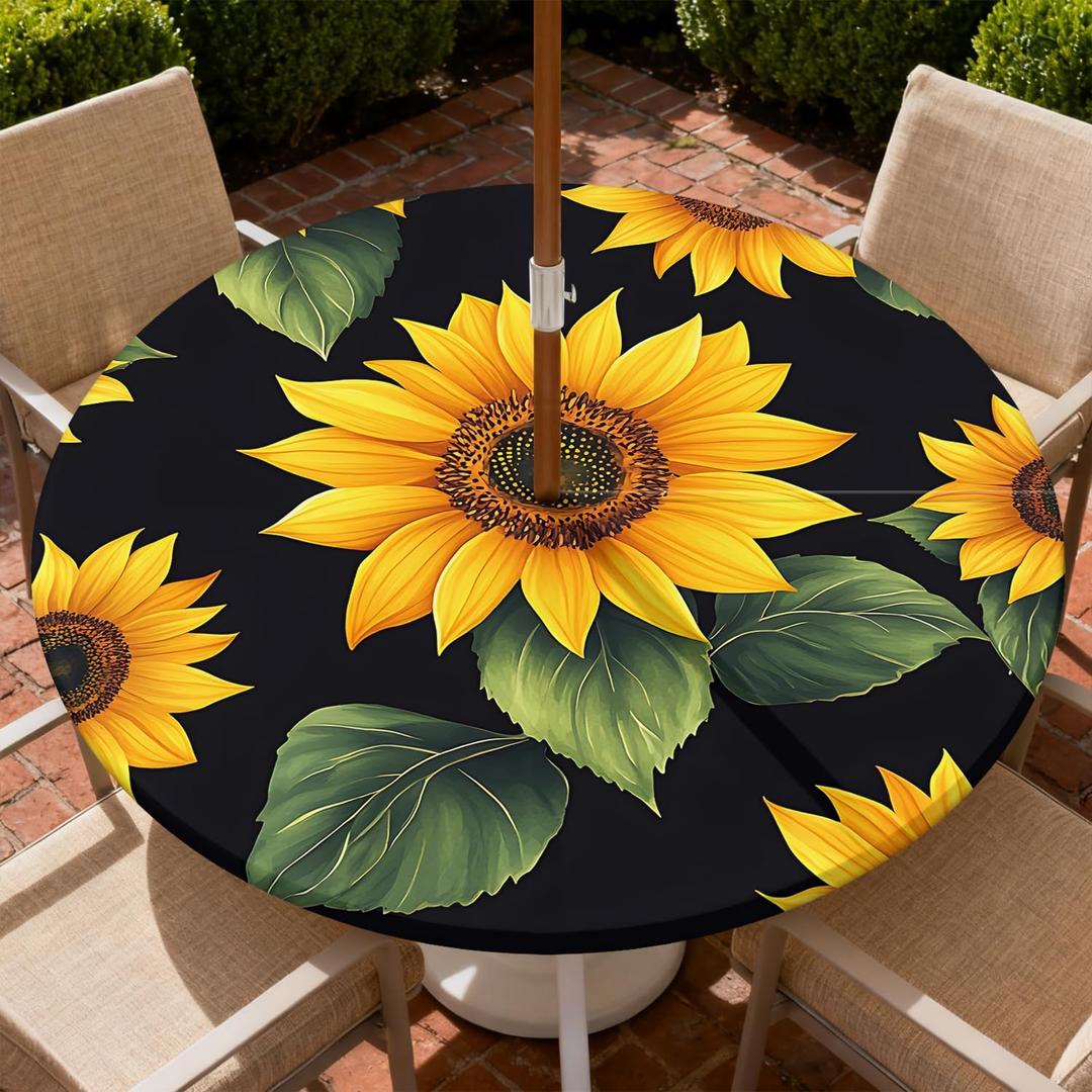 Round Outdoor Tablecloth with Umbrella Hole, Zippered Fitted Tablecloth with Elastic Edge, Waterproof Table Cloth Cover for Picnic Party Fits 53"-60" Round Table, Big Sunflower