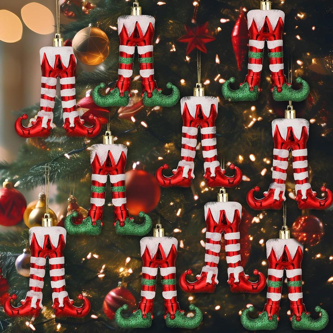 Soulchen 10 Pcs Christmas Elf Legs Ornaments Xmas Red Green White Feet Tree Topper Plastic Elf Feet Hanging Decorations with Gold Rope for Holiday Party Crafts Home Decor