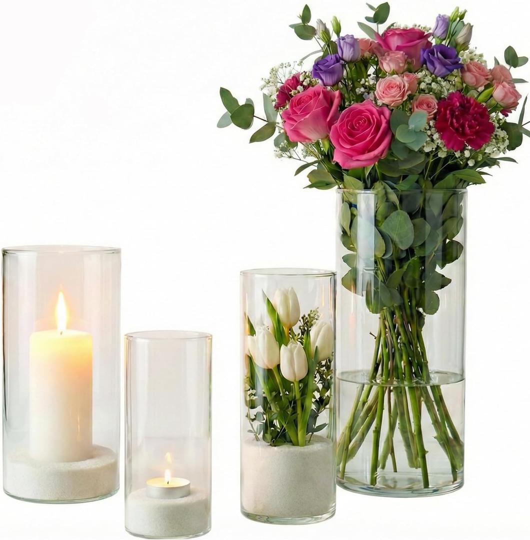 4pcs Glass Cylinder Vases for Centerpieces,Clear Flower Vases for Wedding Decorations and Indoor Home Decor, Hurricane Candle Holder for Table Shelf, Party