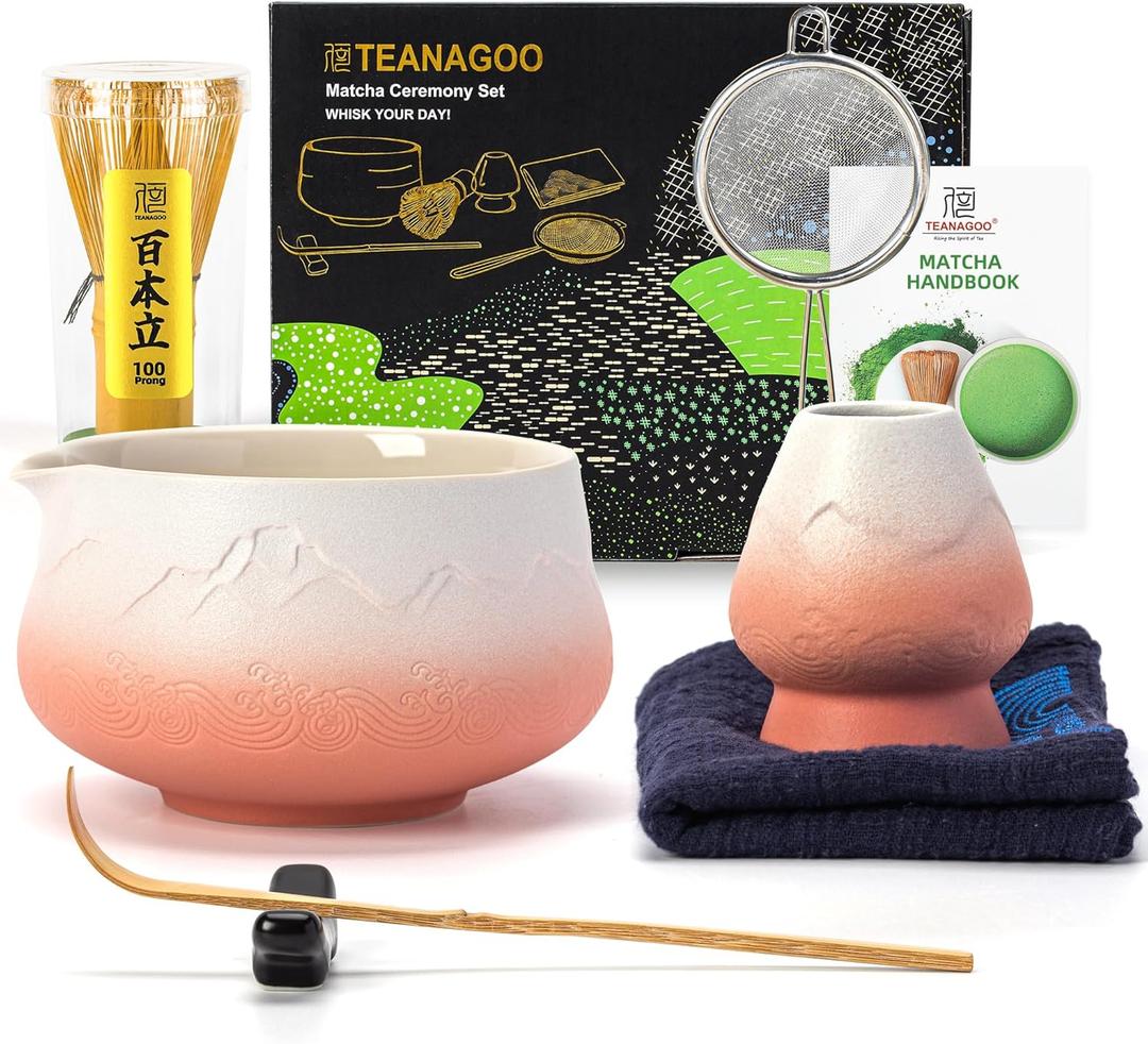 TEANAGOO 7 Pcs Matcha Whisk Set,Pink Matcha Set, Matcha Kit for Ceremony, Matcha Tea Set for Making Breakfast/Latte, Matcha Whisk and Pink Bowl with Scoop&Sifter, Gift for Matcha Lover (Ceremonial-grade Set, Gradient Pink White S1)