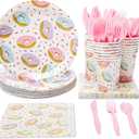 144 Piece Donut Grow Up Party Supplies, Serves 24 Guests Disposable Sprinkle Paper Plates, Cocktail Napkins, Cups, Cutlery, Two Sweet Birthday Party Decorations