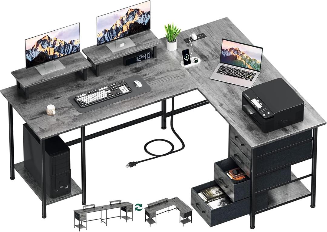 59 inch L Shaped Computer Desk with Power Outlets, Home Office Desk with 4 Adjustable Storage Drawers & 2 Monitor Stands, Two Person Gaming Table for Bedroom, Grey