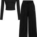 Kxuryueo Teen Girls Clothing Set Ruched Knit Top & High Waist Wide Leg Pants Outfits Size 13 14