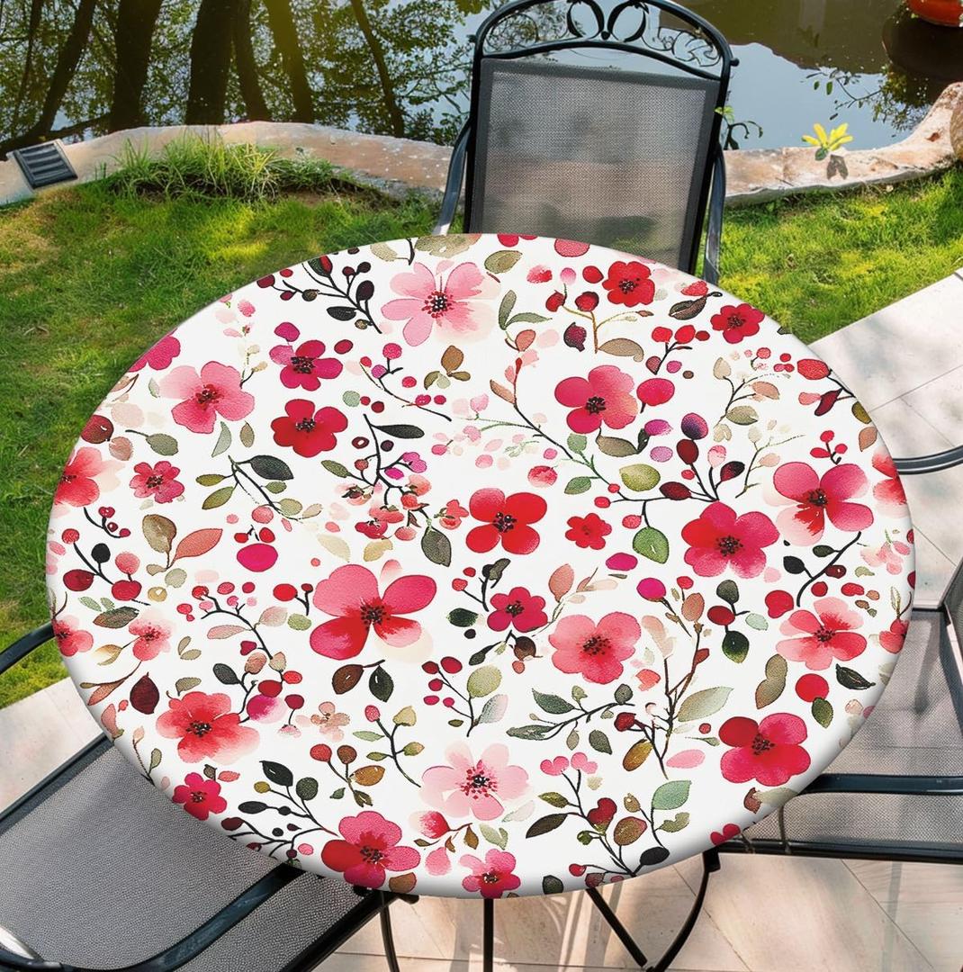 Round Fitted Tablecloth with Elastic Edge Floral Tablecloth 36" Reusable Watercolor Flower Round Table Cover for Indoor Outdoor