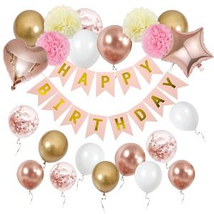 Rose Gold Balloons Birthday Party , Happy Birthday Banner, Rose Gold Heart Star Foil Confetti Balloons and pink paper pompoms for Women Girls Party Decor