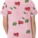 Veseacky Luxurious Kids Satin Pajama Button Down Short Sleeve Nightwear Classic Solid 2 Piece Pj Set(Pink Cherry,130) (Pink)