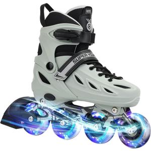 SUPER YOUNGSTER Adjustable Inline Skates for Boys Girls Ages 4-12 with Light Up Wheels, Roller Skates Blades for Youth Kids Indoor & Outdoor Beginners M(33-36), Black & Grey