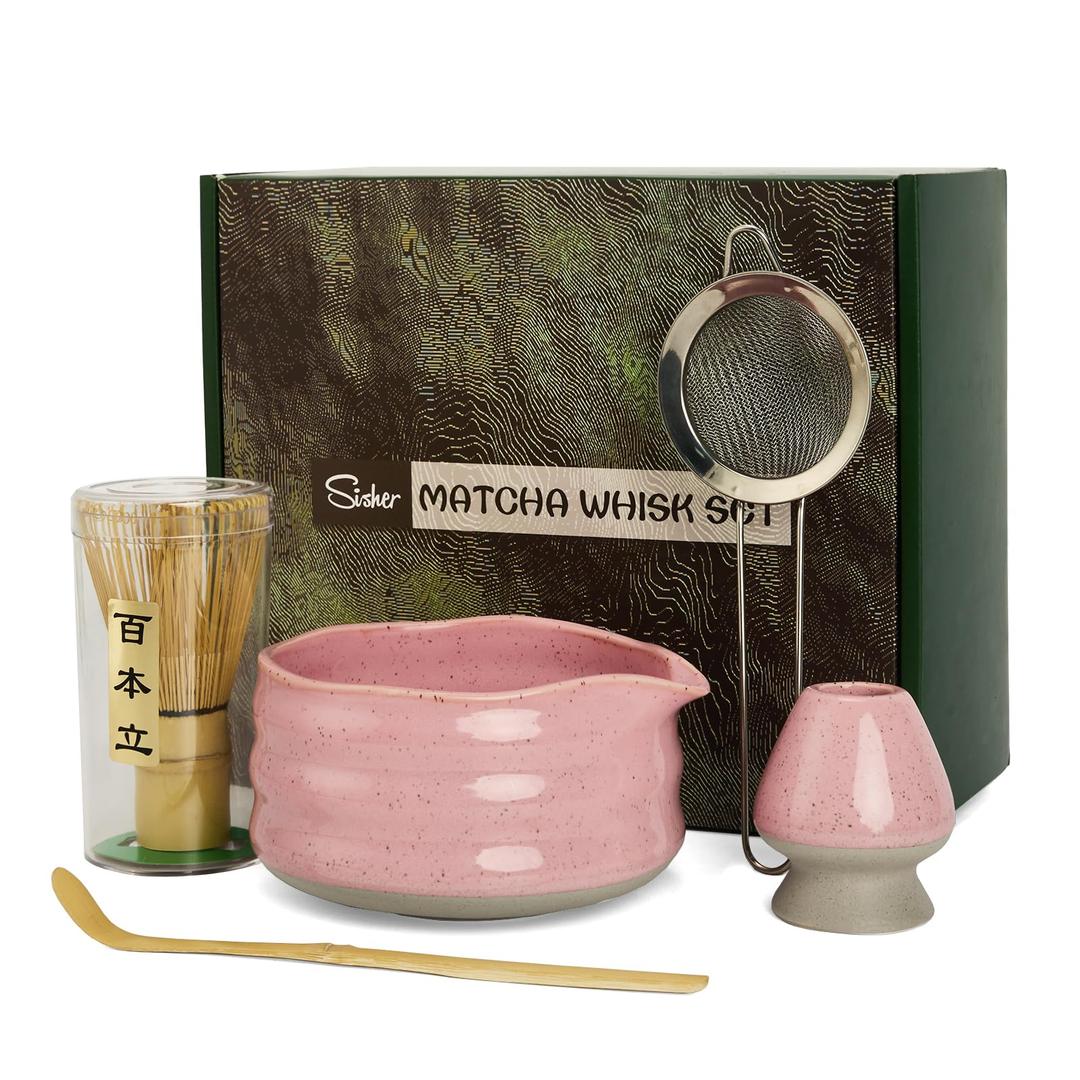 Sisher Matcha Set,Matcha Bowl with Spout,Cute Matcha Set(5pcs) Matcha Bowl,Bamboo Whisk, Matcha Scoop, Matcha Whisk Holder (Chasen Holder), Stainless Steel Sifter, Macha Kit
