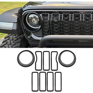 9PCS Front Grille Inserts & Headlight Cover Compatible with (2024-2026) Jeep Wrangler JL/Gladiator JT, Not For Sport, Sport S and Mojave (Black, 2024+ JL/JT)