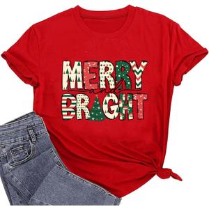 Merry Christmas Shirts for Women Funny Snowflake Graphic Print Holiday T Shirt Winter Casual Short Sleeve Xmas Tee Tops (Red, S)