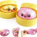 2 Pack Mini Dumpling Squishy Fidget Toys, Glitter & Bead Filled Stress Balls, Soft Slow Rising TPR Smiley Squeeze Toy, Tear-Resistant Sensory Toy for Stress Relief, Party Favors (Pink & Gold)