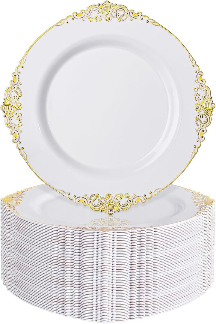 Nervure 100Pcs White and Gold Plastic Plates - 7.5inch Gold Disposable Plates - Heavyweight Plastic Dessert Plate for Wedding & Party & Thanksgiving