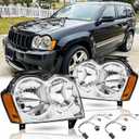 Headlights Assembly for 2005 2006 2007 Jeep Grand Cherokee Headlamps with Wiring Harness Replacement Driver and Passenger Side Pair (LH RH),Chrome Housing Amber Reflector