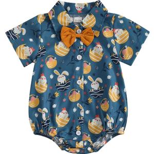 Baby Boy Easter Outfit Bunny Bunny/Carrot/Chick Print Dress Shirt Bodysuit Lapel Button Short Sleeve Romper Top (0-3 Months, Dark Blue)
