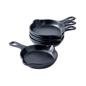 Bruntmor Pre-Seasoned 5" Matte Ceramic Cast iron Skillet Look Serving dessert Appetizer Plates, Dishwasher and Oven Safe, Dinner Set of Skillet - Set of 4 (Black)