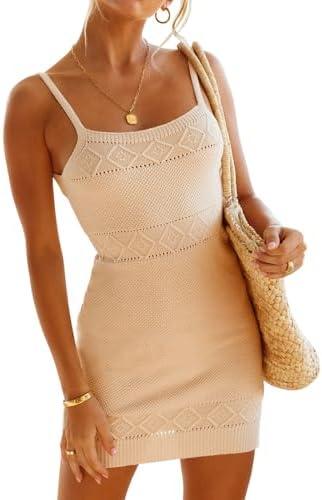 Lesore Womens Summer Textured Knitted Strappy Mini Dress Bodycon Dresses, M
