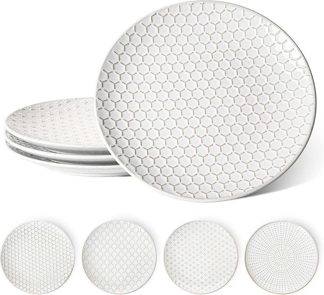 LE TAUCI 10 Inch Ceramic Dinner Plates Set of 4, Large Embossed Plate Set for Kitchen, Microwave & Dishwasher Safe Dinnerware Sets, Modern White Serving Dishes for Pasta, Steak - Arctic White