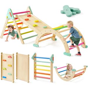Tiny Land Pikler Triangle Set,7-in-1 Foldable Montessori Toddler Climbing Toys Indoor, Wooden Playground Jungle Gym for Kids, Climber Gift for Boys & Girls Toddler Climbing Toys (Rainbow), Small