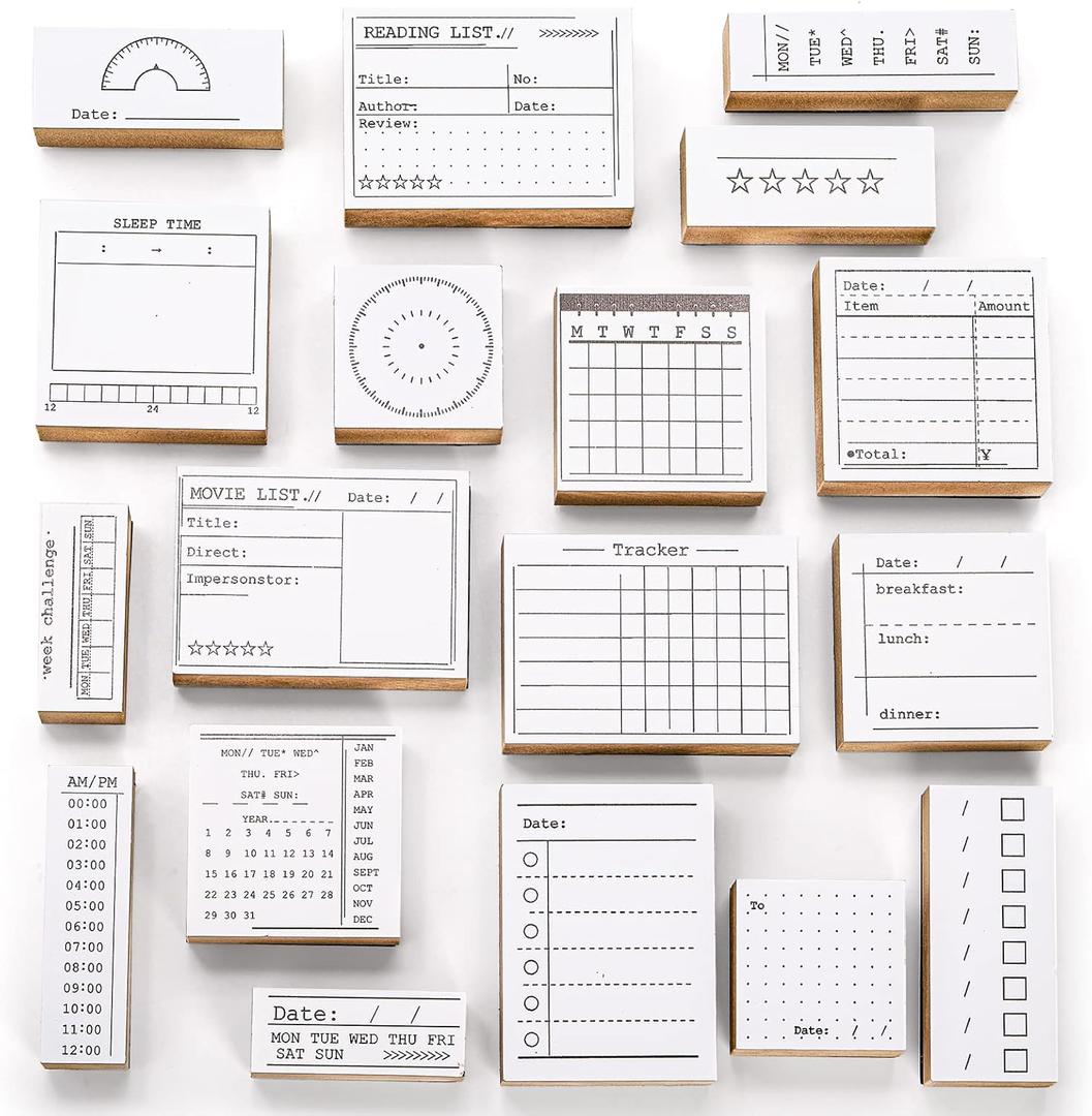 Tosnail 18 Pieces Wood Journal Stamps, Decorative Rubber Stamp Set, Calendar Planner Stamps, Scrapbook Stencils for to Do List, Tasks, Diary, Planner, Letters, Scrapbook, Cards, Crafts