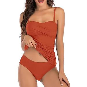 Shuangyu Women's Twist Front Bandeau Tankini Set Two Pieces Ruched Tummy Control Suimsuit with Mid Waist Briefs, L, Brown