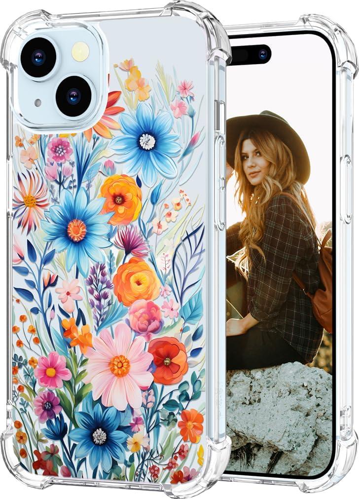Hungo Compatible for iPhone 15 Case for Women Clear Design Cute,Girly Girls Designer Blue Watercolor Spring Floral Bouquets Peony Rose Plants Natural