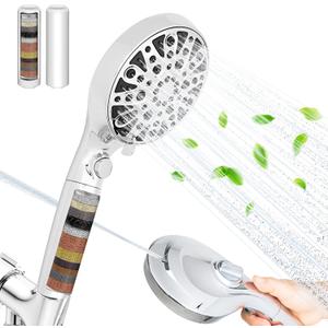 HYLER Shower Head High Pressure Handheld with 15-Stage Filter (Extra Filter, 6ft Hose, 2.5 GPM) - 8 Spray and 1 Focused Jet Mode, Water Saving Showerhead, Chrome