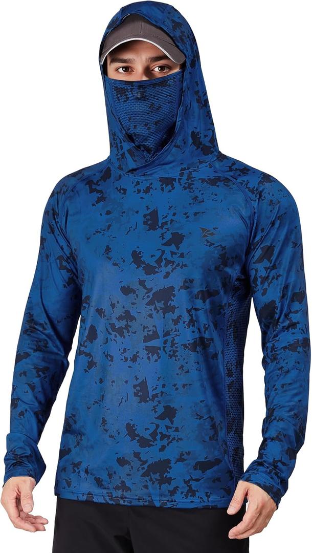 Rodeel UPF 50+ Mens Long Sleeve Performance Fishing Hiking Shirt with Mask UV Neck Gaiter Hoodie (Large, Full Ice Dark Blue)