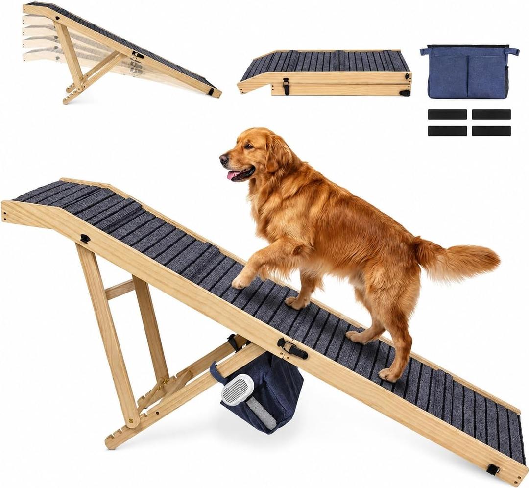 Extra Large Dog Ramp 63‘’L for High Bed, Couch & SUV – 200 Lb Heavy Duty Solid Wood Pet Ramp, 6 Adjustable Height – Portable Stable Non-Slip Steps for Medium to XL Dogs