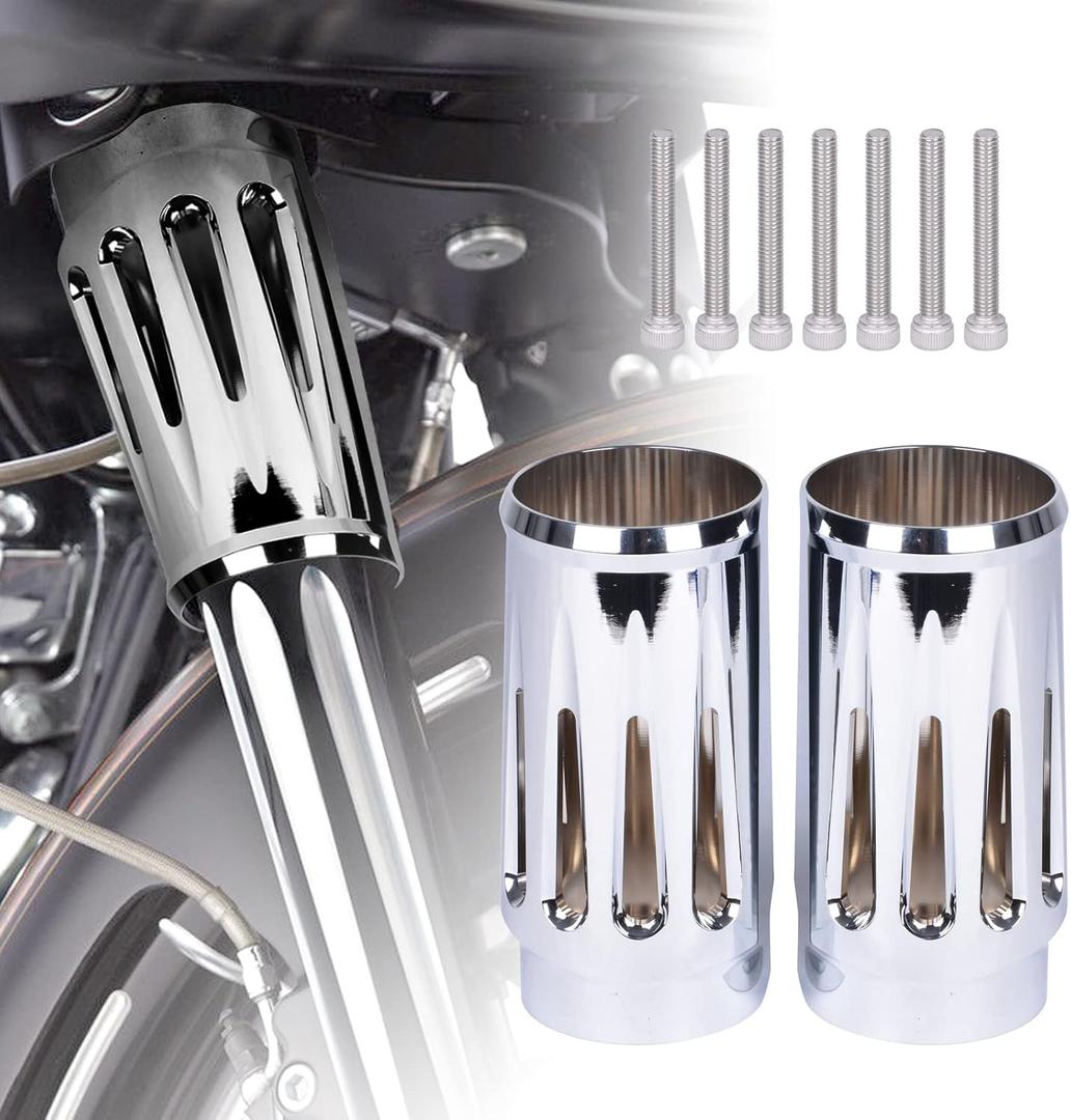 Goldfire Upper Fork Slider Covers Billet Fork Boot Slider Protective Shells Fit For Harley FLT FLHR FLHX FLHT COW Bells Touring Street Glide 1986-2019 Accessorie (Chrome Style)
