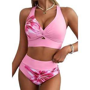 Herseas Women's High Waisted Bikini Sets Lily Print Twist Front Top Swimsuits Adjustable Shoulder Straps Full Coverage 2026 Summer Bathing Suits Fashionable Cruise Outfits Pink White Floral Medium