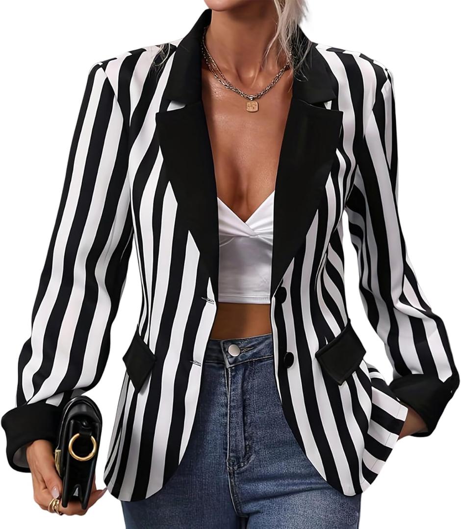 IDOPIP Women Black and White Striped Blazer Halloween Costume Outfit Cosplay Jacket Long Sleeve Open Front Cardigan Suit (Medium)
