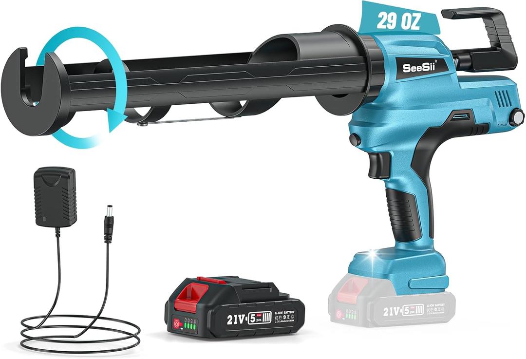 Seesii Electric Caulking Gun 29oz, Cordless Caulk Gun with a 2000mAh Battery, Stepless Speed, Anti-Drip, Led Light, Battery Powered Caulking Gun for Filling, Sealing (Sky Blue)