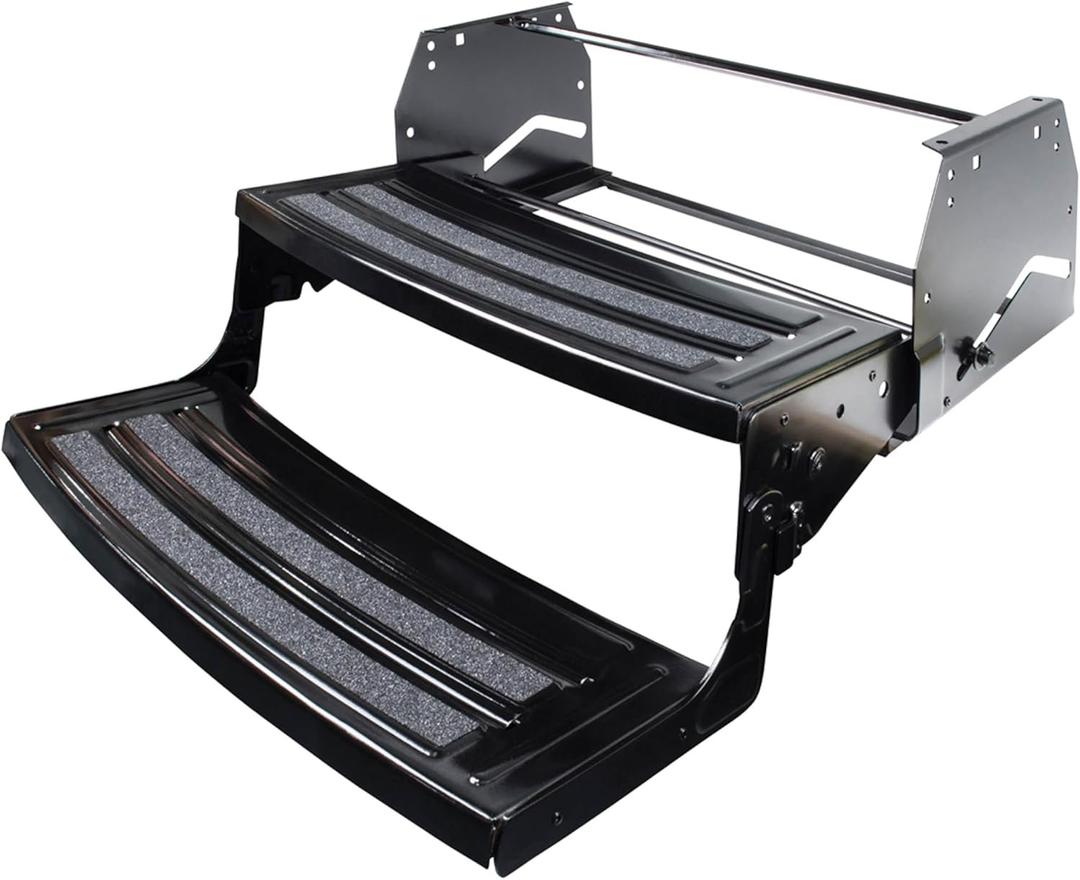 Lippert Radius 24" Double Manual RV Step Assembly, 8" Rise, 300 lbs. Anti-Slip Steps, Compact One-Hand Expand or Collapse, Black Powder Coat, Travel Trailers, 5th Wheels, Campers - 432682
