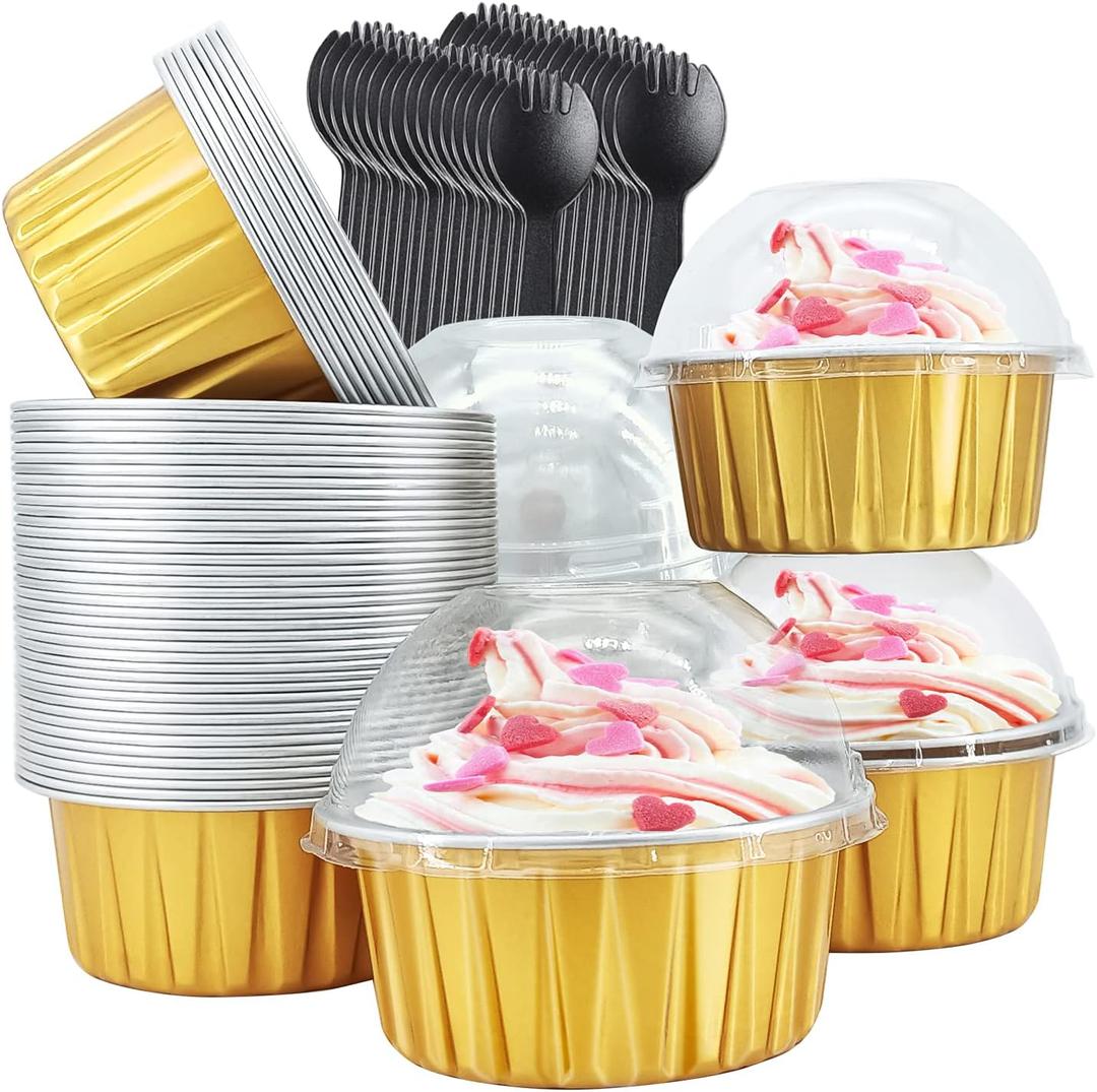 Aluminum Cupcake Liners with Dome Lids 50 Pack,Free-Air 5oz Foil Baking Cups Muffin Tins,Disposable Ramekins Jumbo Muffin Liners for Wedding Birthday Party,with 50 Spoons-Gold