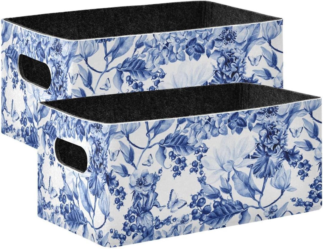 Closet Storage Bins, 2 Pcs Felt Open Home Containers Organizer with Handles, Collapsible Shelf Basket for Home Office, Craft Room, Classroom Fabric Basket Storage - Blue and White