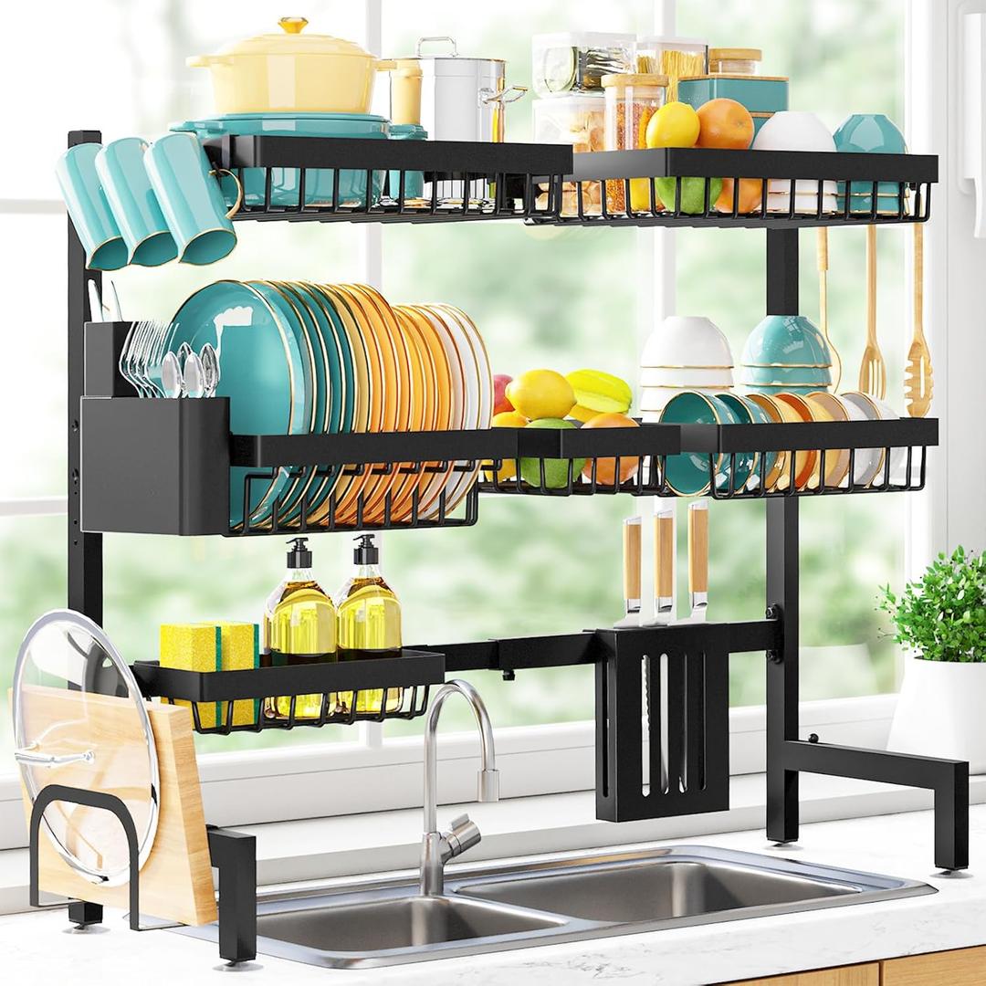 Sakugi Over The Sink Dish Drying Rack - Adjustable 3 Tier XX-Large Capacity Stainless Steel Drainer with Cutlery & Utensil Holders, Kitchen Storage & Organization, 31.5"-39.5"L x 12"W x 30.5"H, Black, Ultra - 6 Baskets