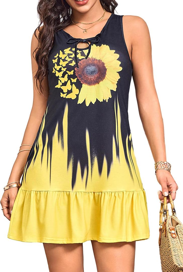 Summer Dresses: Rope Tie Neck Sleeveless Pockets Sundresses - Chic & Casual Dress for Women on Beach Time (S, Black/Yellow)