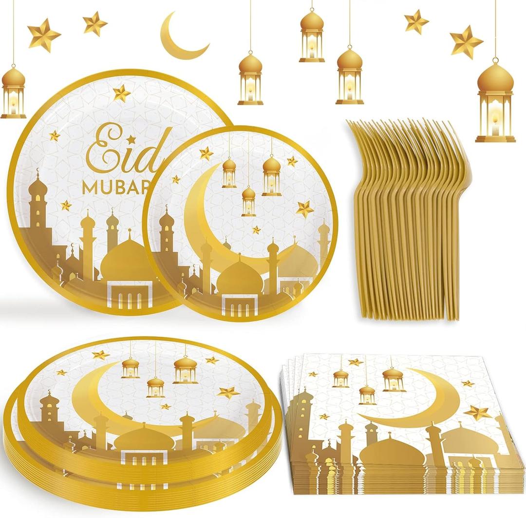 96 Pcs Eid Mubarak Decorations for Home 24 Servings with Festival Paper Plates,Dessert Plates,Napkins and Forks Sets for Eid al-Fitr Decor al-Adha Festival Ramadan Mubarak Muslim Islamic Supplies