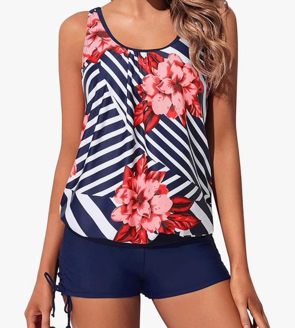 Yonique Blouson Tankini Swimsuits for Women 2 Piece Bathing Suits Tops with Boyshorts Modest Loose Fit Swimwear M