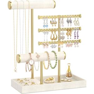 EsLuker.ly Bracelet Holder Earring Display Stand, T Bar Velvet Necklace Organizer Rack with Ring Tray for Vendors Women Selling, Large Capacity Jewelry Tower Tree Tabletop, Effortless Storage