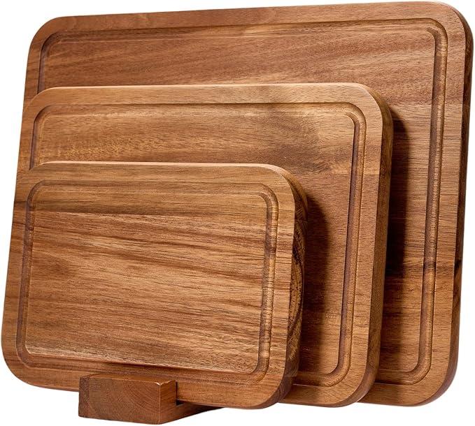 Acacia Wood Cutting Board Set with Holder, Wooden Cutting Boards for Kitchen, Reversible Chopping Boards for Meat, Vegetables, Cheese, Set of 3