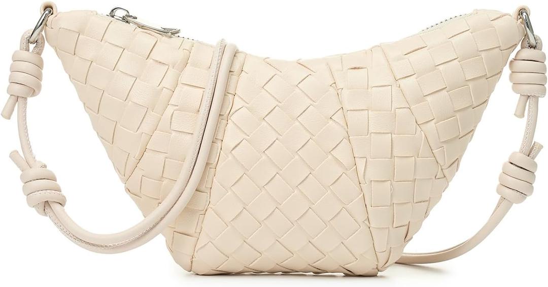 Woven Small Crescent Purse Small Crossbody Bags Mini Crescent Crossbody Bags for Women Woven Croissant Phone Purse (White)